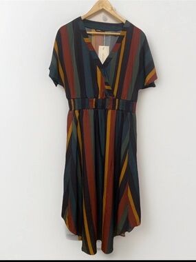 BloomChic Striped V-Neck Maxi Dress in Teal, Rust, Mustard, Navy